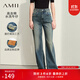 AMII女裝2025秋季復古做舊洗水磨爛牛仔褲長(cháng)褲女皮牌裝飾寬松 牛仔藍 XL 170/76A