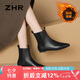 ZHR頭層牛皮女靴加絨保暖短靴女冬季百搭切爾西靴子女 S372B 黑色 39