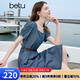 百圖betu女裝2025夏季新款短袖連衣裙泡泡袖撞色皮腰帶牛仔裙2505T76 深牛仔藍 L