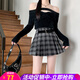 歐貝汐毛呢格子百褶半身裙2026新款女春秋冬美式高腰a字jk短裙小個(gè)子 黑色 M