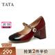 他她（TATA）法式小香風(fēng)瑪麗珍女鞋高跟鞋小皮鞋單鞋女新品春秋7YA01AQ3 酒紅/黑 38