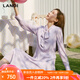 藍地淺紫色飄帶領(lǐng)壓褶長(cháng)袖連衣裙女春季新款中長(cháng)款裙子 淺紫色 L