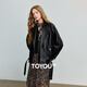 初語(yǔ)皮衣女2025秋季新款PU皮寬松機車(chē)風(fēng)酷颯腰帶收腰外套 黑色 M