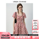 VEGA CHANG碎花連衣裙女2025新款夏季法式方領(lǐng)泡泡袖收腰甜美短裙 紅鳶色 L