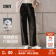 森馬（Semir）休閑褲女純棉打褶闊腿褲腰帶鹽系通勤秋季復古磨毛長(cháng)褲顯腿長(cháng) 黑色90001 M