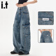 :CHOCOOLATE it女裝褲子美式街頭設計感闊腿牛仔褲女春秋多口袋潮流工裝褲女 復古藍長(cháng)褲 XL