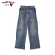 查爾斯桃心可愛(ài)小狗印花牛仔褲水洗直筒復古休閑時(shí)尚潮牌寬松 復古藍 XS