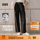 森馬（Semir）休閑褲女純棉打褶闊腿褲腰帶鹽系通勤秋季復古磨毛長(cháng)褲顯腿長(cháng) 黑色90001 M
