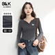 班尼路S&K系列長(cháng)袖t恤女裝打底衫女秋冬季新款百搭秋衣修身潮流設計上衣 深灰#疊色愛(ài)心k M