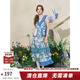 兩三事梵高文藝 花開(kāi)若夏 2025夏季新款壓褶荷葉邊印花蛋糕裙連衣裙 藍綠色 M