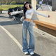 佐敘復古淺藍色闊腿牛仔褲女褲2026早春季抓痕高腰百搭顯瘦直筒拖地褲 復古藍 M （80-100）
