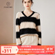 帕什 羊絨衫女100%山羊絨秋冬V領(lǐng)單紗寬松條紋針織毛衣 TY-3134 青絨+黑 均碼