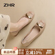 ZHR淺口單鞋女春秋粗跟通勤女鞋優(yōu)雅方扣真牛皮船鞋女 AH378 杏色 37