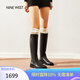 NINE WEST/玖熙長筒靴牛皮圓頭低跟高筒騎士靴女皮靴NG486019CE  黑色 36