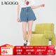 LAGOGO復古高腰開(kāi)叉牛仔短褲女拉谷谷夏季新款顯瘦舒適直筒休閑褲 深牛仔藍(N2) S