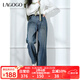 LAGOGO抓絨直筒寬松牛仔褲女拉谷谷2024年冬季新款微彈闊腿褲子 深牛仔藍(lán)(N2) M