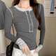 妙奕嘉長(cháng)袖t恤女打底衫可外穿2025秋冬季新款修身上衣正肩內搭顯瘦緊身 撞色拼接紐扣長(cháng)袖T恤【灰色】 均碼 【建議118斤以?xún)取? title=