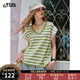 妖精的口袋鏤空條紋泡泡袖針織衫女2025夏季新款v領(lǐng)顯瘦氣質(zhì)上衣 清爽綠白條紋色 M