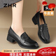 ZHR頭層牛皮革樂(lè )福鞋女粗跟通勤皮鞋女一腳蹬軟底單鞋女KM03黑色37