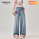 fredrical淺色側拉鏈牛仔褲女2026春季新款格子拼接美式高腰直筒闊腿褲子女 藍色 S 80-94斤