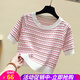 歐貝汐春夏春秋冬季新款韓版短袖條紋針織衫女薄款修身短款上衣半袖t恤 白色 均碼 （建議90斤內）