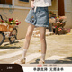紫涵（ZIHAN）紫涵刺繡復(fù)古牛仔短褲女夏季新款高腰寬松顯瘦闊腿卷邊五分褲 淺牛仔藍(lán) M