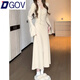 DGOV法式氣質(zhì)收腰垂墜感御姐顯身材長(cháng)袖v領(lǐng)開(kāi)叉連衣裙子女秋季冬新款 杏色  長(cháng)裙 M 【90-110斤】