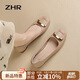 ZHR淺口單鞋女春秋粗跟通勤女鞋優(yōu)雅方扣真牛皮船鞋女 AH378 杏色 37