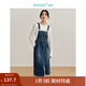 茵曼（INMAN）【商場(chǎng)同款】牛仔背帶裙2024春秋女裝新品后下擺開(kāi)叉休閑長(cháng)裙 牛仔藍 S