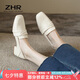 ZHR樂福鞋女一腳蹬真牛皮粗跟單鞋懶人鞋方頭舒適英倫皮鞋女BL66米37