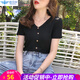 歐貝汐短款t恤女v領(lǐng)短袖寬松白色夏秋季純色韓版學(xué)生體恤高腰上衣 黑色 S