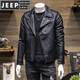 JEEP SPIRIT秋季新款韓版潮流翻領(lǐng)皮衣男短款機車(chē)服帥氣機車(chē)皮夾克外套 黑色 XL