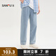 三福2025夏季男士抽繩寬松直筒牛仔褲 休閑橡筋腰頭長(zhǎng)褲500822 藍(lán)色 32