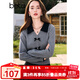 百圖betu女裝秋季新款毛針織衫拼色翻領(lǐng)甜美紐扣針織衫女2408T10 灰色 L