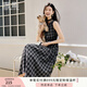 香影黑色格子無袖連衣裙女2025秋季新款復(fù)古法式中長款收腰a字裙 黑色 S 55/80A/85-95斤