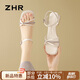 ZHR粗跟涼鞋女夏季一字帶方頭單涼鞋氣質(zhì)水鉆銀色女鞋 JF193 米白 38