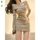 芭瑾圖2025新款純欲風(fēng)辣妹針織包臀裙秋冬款斜肩一字領(lǐng)修身收腰連衣裙女 卡其色【針織螺紋面料】 L