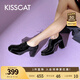 KISSCAT接吻貓樂(lè )福鞋女鞋春季新款通勤粗跟系帶高跟鞋女KA43530-10 黑色皺牛漆皮革 38