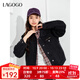 LAGOGO黑色翻領(lǐng)牛仔短外套女拉谷谷春秋新款休閑顯瘦通勤繡花上衣 牛仔黑(W0) XL