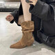 百麗踏2025秋冬西部絨面尖頭粗跟中跟短靴中筒靴高跟堆堆靴新款牛仔女靴 棕色 42