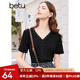 百圖betu女裝春夏新款T恤法式蕾絲花邊V領(lǐng)短袖針織T恤女2402T22 黑色 M