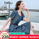 百圖betu女裝2025夏季新款短袖連衣裙泡泡袖撞色皮腰帶牛仔裙2505T76 深牛仔藍 L