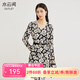 水云間黑色印花收腰連衣裙女裝新款2025春秋氣質(zhì)茶歇雪紡輕奢V領(lǐng)A字裙 黑花 M