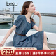 百圖betu女裝2025夏季新款短袖連衣裙泡泡袖撞色皮腰帶牛仔裙2505T76 深牛仔藍 L