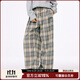 Mmlg 87mm 休閑褲女男早秋新款經(jīng)典撞色格子褲寬松直筒情侶同款長(cháng)褲子 綠米格 S