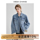 VEGA CHANG牛仔外套女2025秋季新款小個(gè)子寬松顯瘦設(shè)計(jì)感拼接上衣 暗灰藍(lán) M