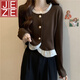 JEZE小香風(fēng)短款襯衫外套女春秋大碼胖mm顯瘦法式氣質(zhì)拼接雪紡長(cháng)袖上衣 咖色【z】 2XL 建議125-140斤
