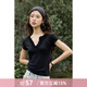 謎秀【安心品質(zhì)】木耳花邊V領(lǐng)T恤女2025夏季新款正肩顯瘦百搭短袖上衣 顯瘦黑 M
