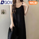 DGOV春夏小眾黑色百搭中長(cháng)裙時(shí)尚遮肉女裝連衣裙過(guò)膝純色垂感長(cháng)裙 黑色吊帶長(cháng)裙（zt） L 適合120-140斤
