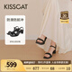 KISSCAT接吻貓【美洋同款】女鞋高跟涼鞋舒適簡(jiǎn)約方頭粗跟一字帶涼鞋 黑色 羊絨面 37
